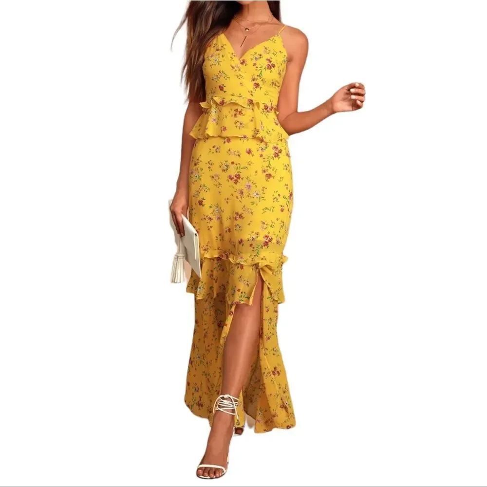 NWT LULUS Sunshine Bouquet Yellow Floral Print Ruffled Maxi Dress L